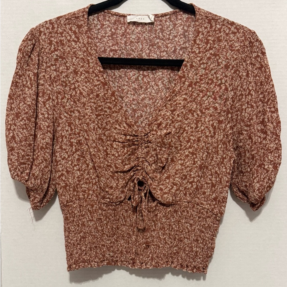 Lush Floral Rust V-Neck Crop Top Blouse with Eyelet